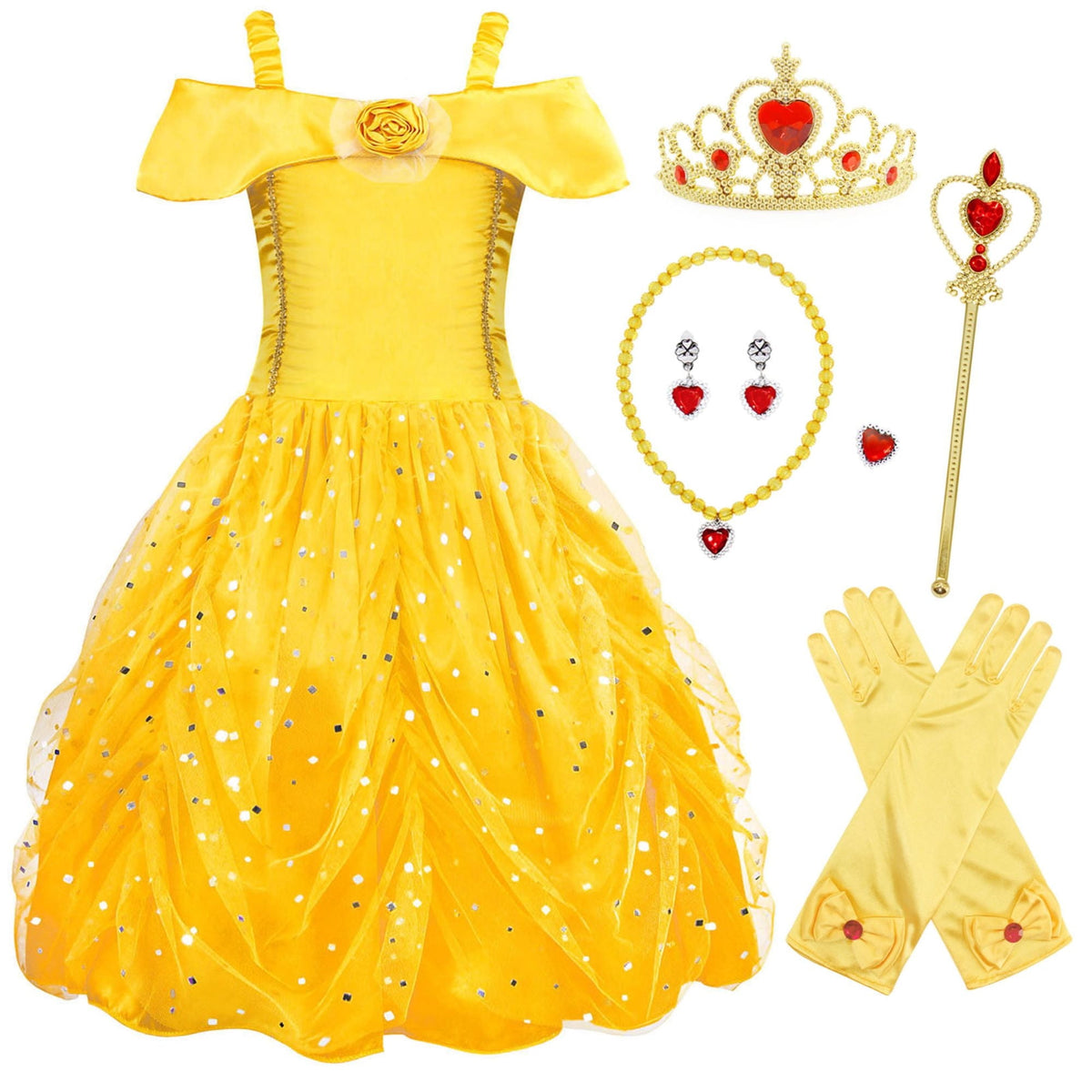 Jurebecia Princess Dress for Girls Costume Kids Off Shoulder Layered Toddler Halloween Cosplay Birthday Party Outfit up Yellow 120 cm 5-6 Years