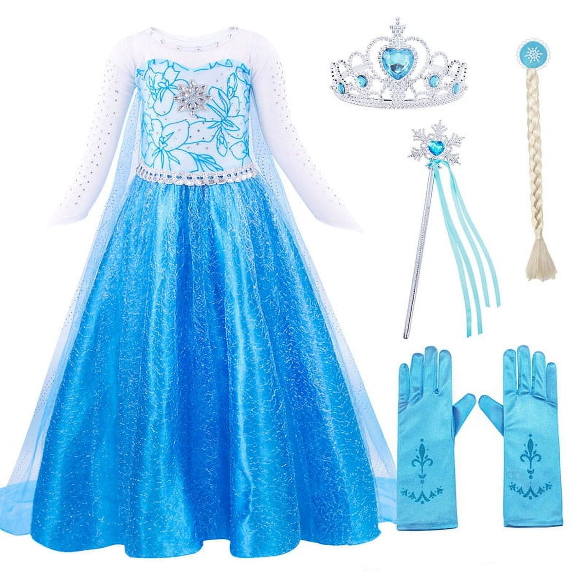 Jurebecia Princess Dress for Girls Birthday Party Blue Costume up Toddlers Kids Christmas Halloween Cosplay Clothes with Accessories 6T(5-6Years)