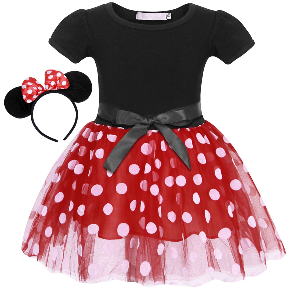Jurebecia Girls Red Polka Dot Tutu Dress with Bow Headband, Baby Toddler Party Costume for Birthday & Cosplay (110 cm)