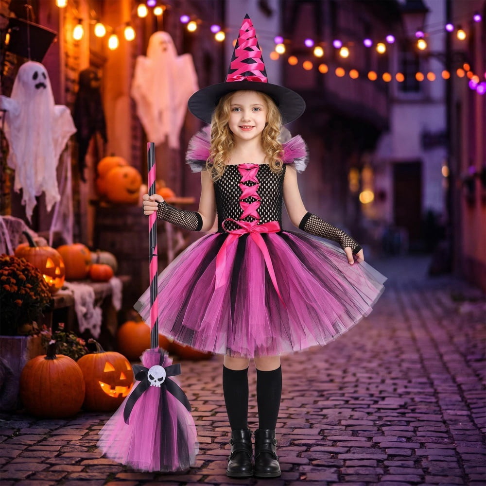 Halloween Cute Purple Witch Costume Set for Toddler Girls, Bat Outfit Dress with Witch Hat & Magic Broom