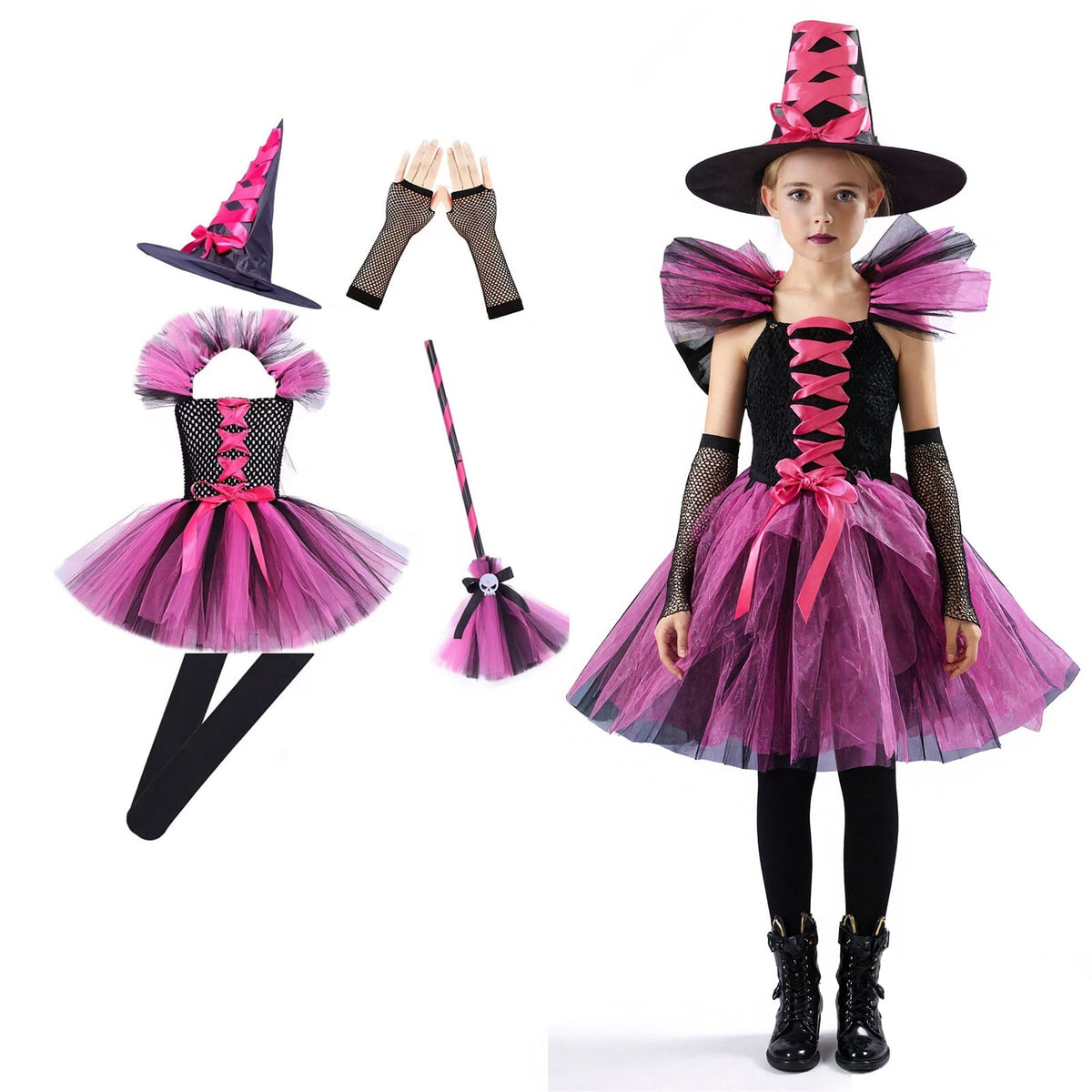 Girl Witch Outfit Tutu Mesh Dress Black Lace Cloak Halloween Outfits Kids 7-8 Years Halloween Outfit Dress Up