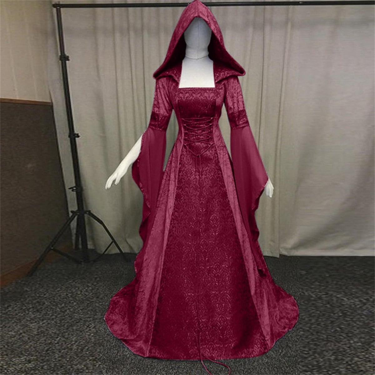 Women Gothic Cold Shoulder Midi Dress, Sheer Flare Bell Sleeve Front Corset Irregular Witch Costume Dress, Adult Halloween Dark Aesthetic Vintage Formal Evening Cosplay Party Outfit(Navy-2/M)