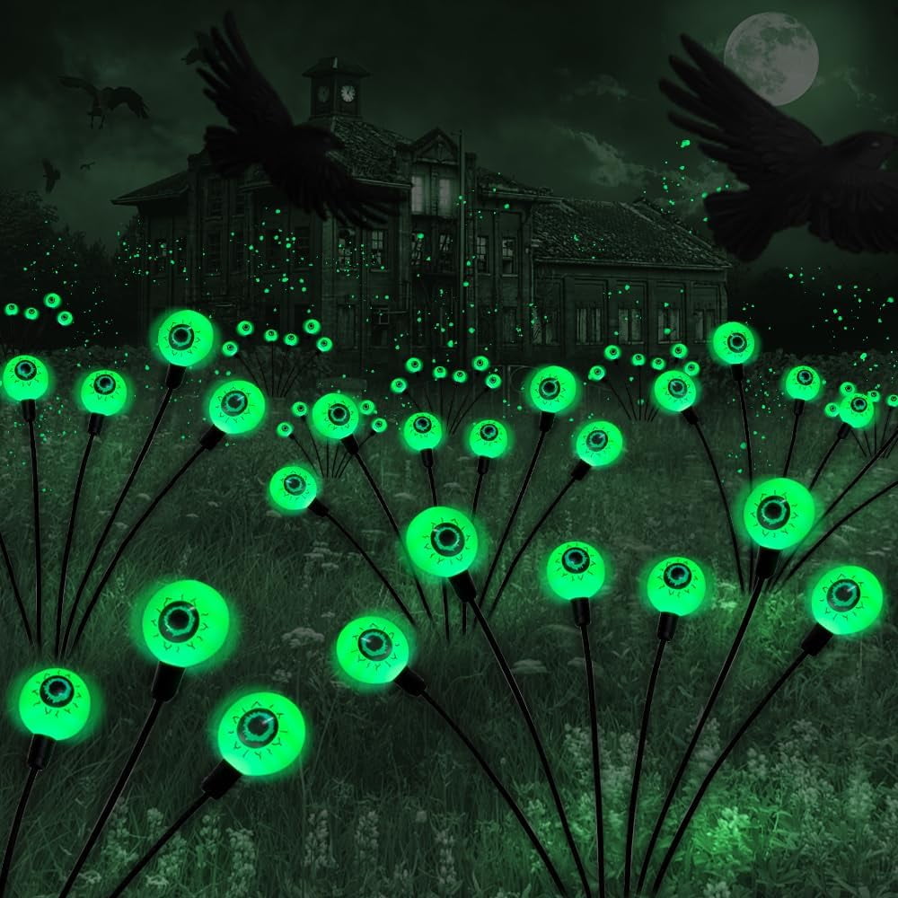 Morfone Halloween Decorations Outdoor, 2 Pack 12 LEDs Solar Scary Eyeball Lights, Waterproof Eyeball Swaying Firefly Lights, Halloween Path Lights for Garden Yard Party, Green