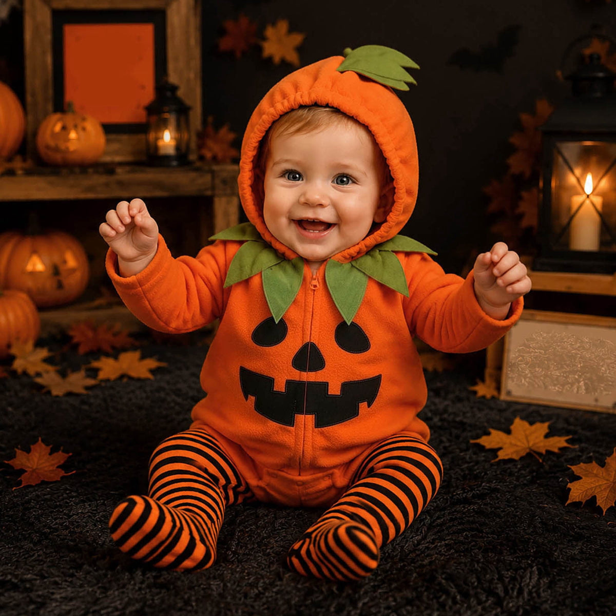 Newborn Infant Cute Jack-O-Lantern Costume Halloween Bodysuit and Striped Leggings Set Fall Holiday Fancy Dress Up Outfit for Boys Girls Party Festival