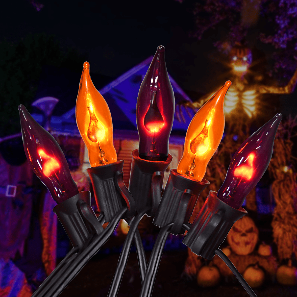 Halloween Lights Flickering Flame String Lights with 12 Pack C7 Orange Flame Light Bulbs (2 Spare), 12.8Ft Orange Flame String Lights for Indoor Outdoor Home Party Yard Halloween Decorations