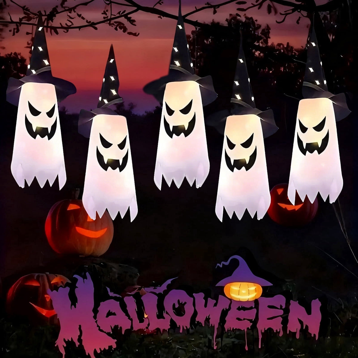 ZOEYKIMLO Halloween Witch Hat Lights Decorations Outdoor, Upgraded 5pcs Hanging Glowing Witch String Lights with 8 Modes, Waterproof Halloween Light for Outdoor, Garden, Party Decor