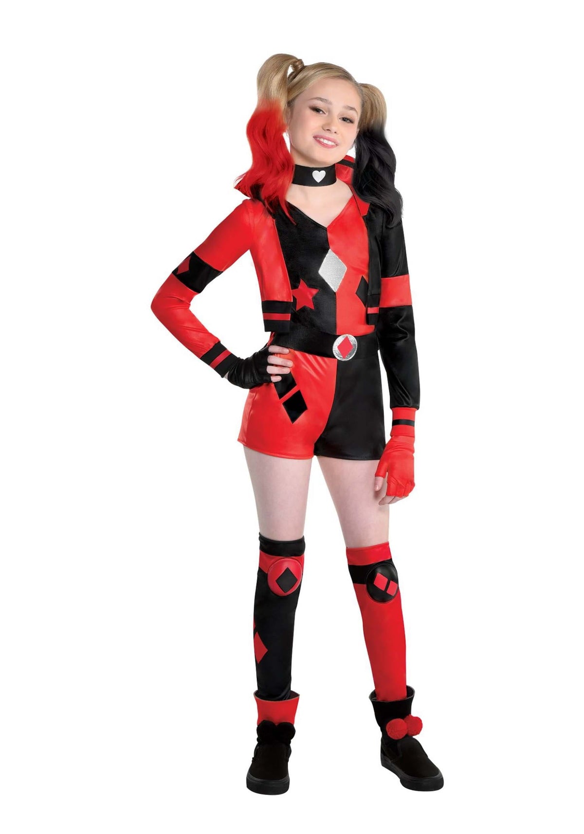 DC Comics Harley Quinn Girls Fancy-Dress Costume with Romper, Choker, Gloves & Leg Warmers - Large