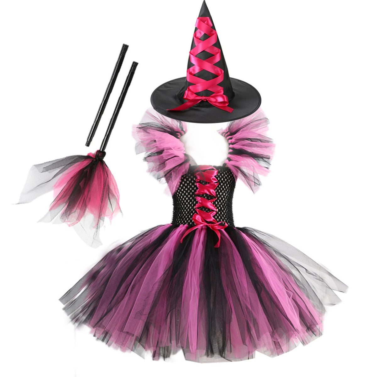 CHOYURME CHONYURM Girls Halloween Witch Costume with Witch Hat and Magic Brooms for 2-12 Years