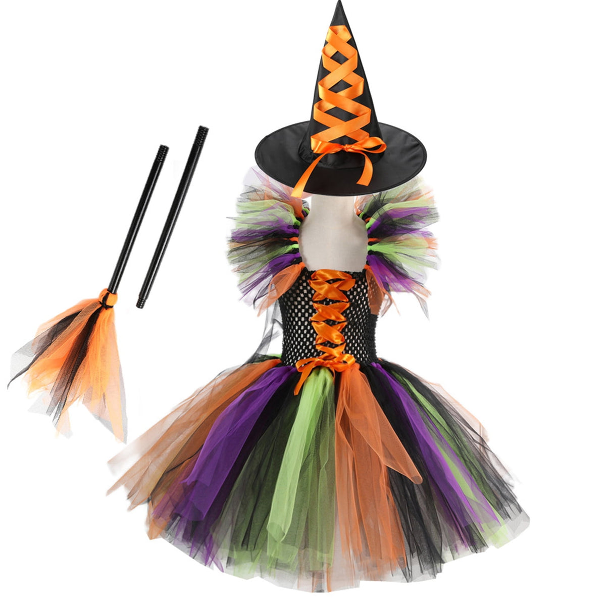 CHOYURME CHONYURM Girls Halloween Witch Costume with Witch Hat and Magic Brooms for 2-12 Years