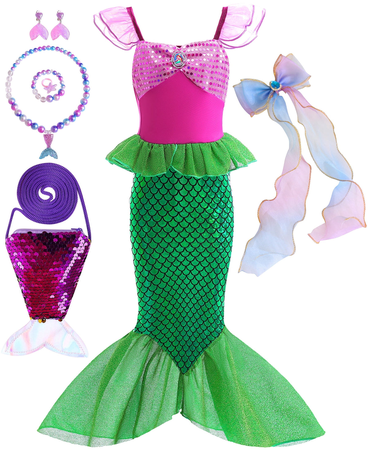 Princess Mermaid Costume for Girls Ariel Dress up Kids Cosplay Outfit with Accessories 2-10Years