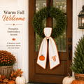 Pumpkin Embroidered Wreath Sash, 50 x 5 inch Orange Scalloped Lettered Ribbon for Halloween, Thanksgiving, Front Door, Seasonal Garland and Fall Home Decor, W