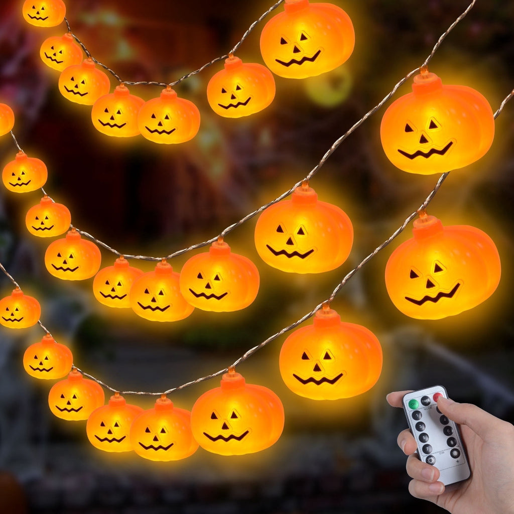 Qoosea Halloween Pumpkin String Lights, 20FT 40 LED 8 Mode Waterproof Pumpkin String Lights for Outside Decor Camper Party Indoor Bedroom Decorations