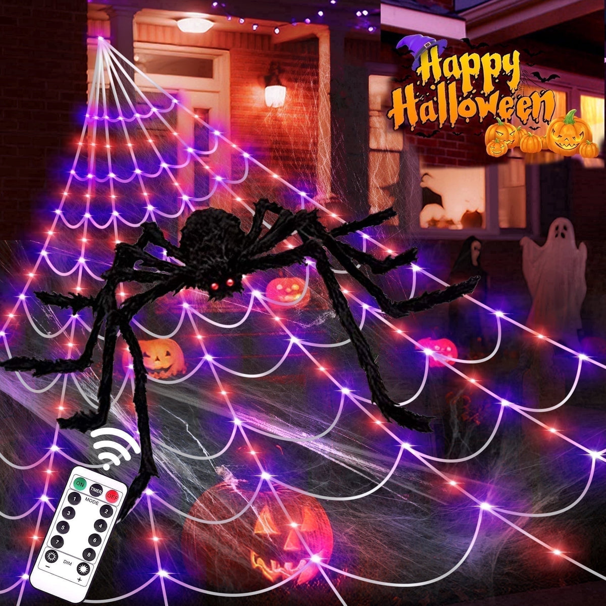 Scidweet Halloween Decorations Outdoor, 350 LED Halloween Spider Web Lights with 79" Giant Spider for Home Garden Yard Decor