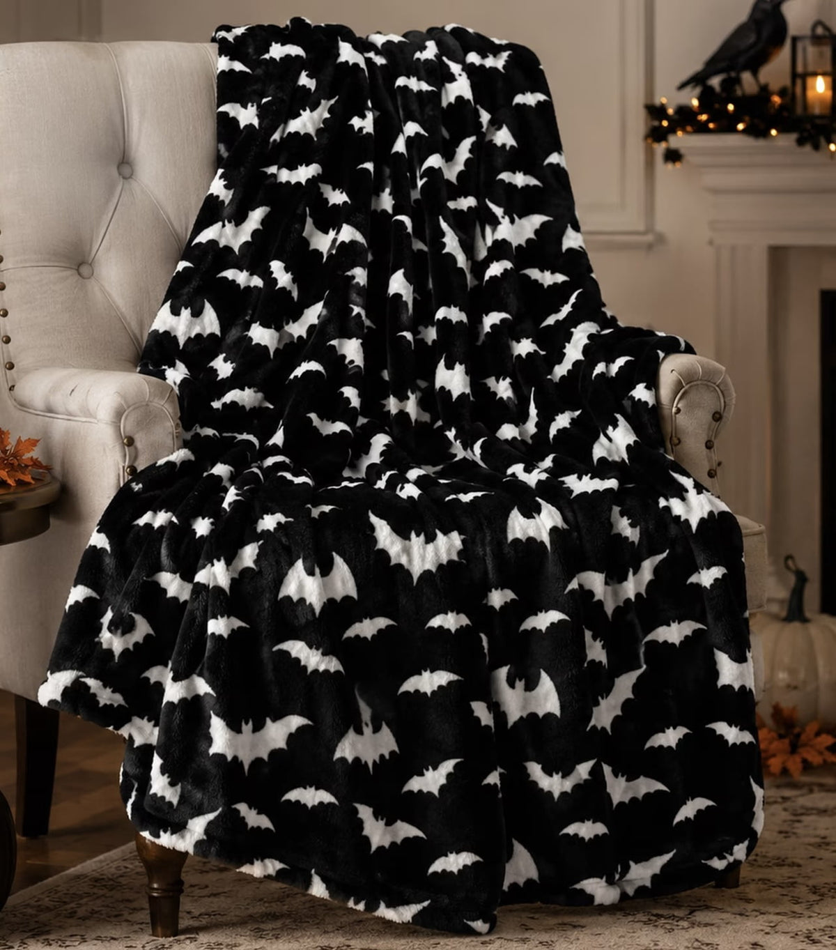 Serafina Home Halloween Throw Blanket: Fuzzy Boo! Jack O'Lantern Spider Webs Skull and Black Cats Print on Velvet Fleece for Sofa Bed Couch Chair Dorm