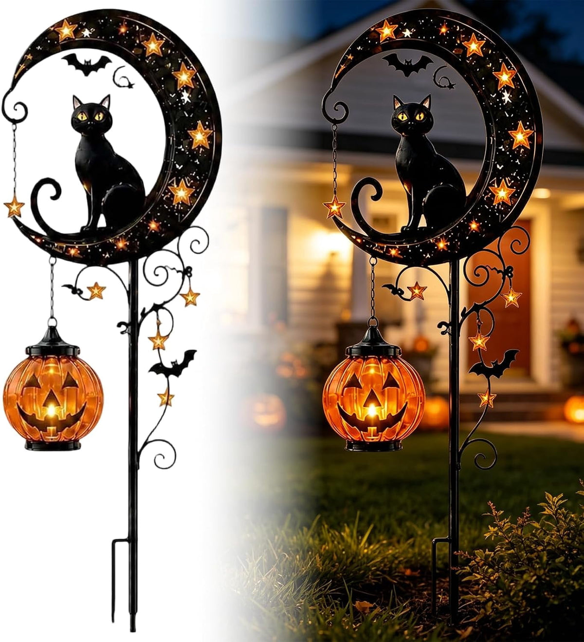 Solar Halloween Black Cat & Pumpkin Moon Garden Stake Light | Waterproof Metal Black Cat Yard Ornament, Auto On Off Solar Outdoor Light, Fall Halloween Decor Stake for Lawn Patio Pathway