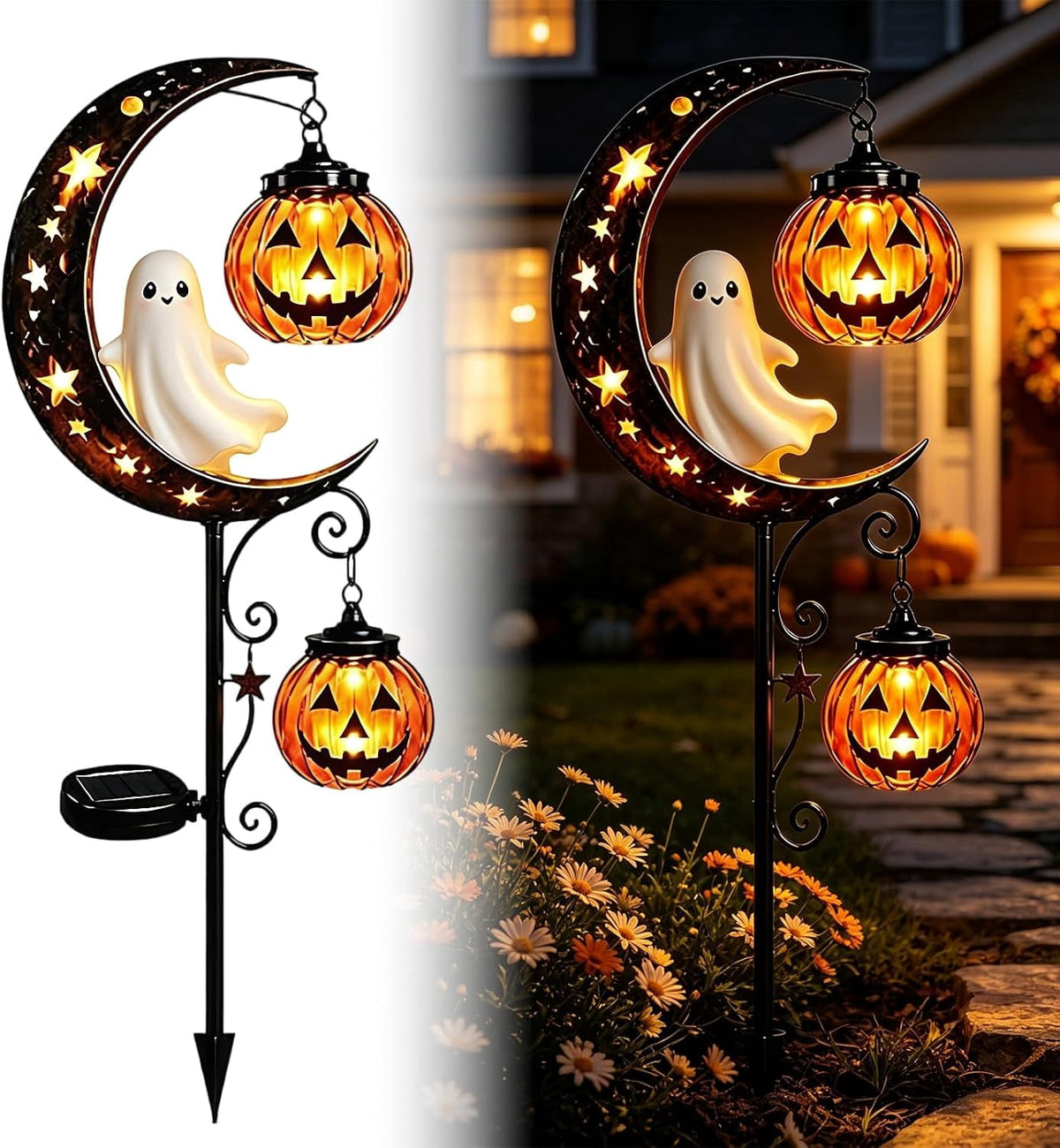 Solar Halloween Black Cat & Pumpkin Moon Garden Stake Light | Waterproof Metal Black Cat Yard Ornament, Auto On Off Solar Outdoor Light, Fall Halloween Decor Stake for Lawn Patio Pathway