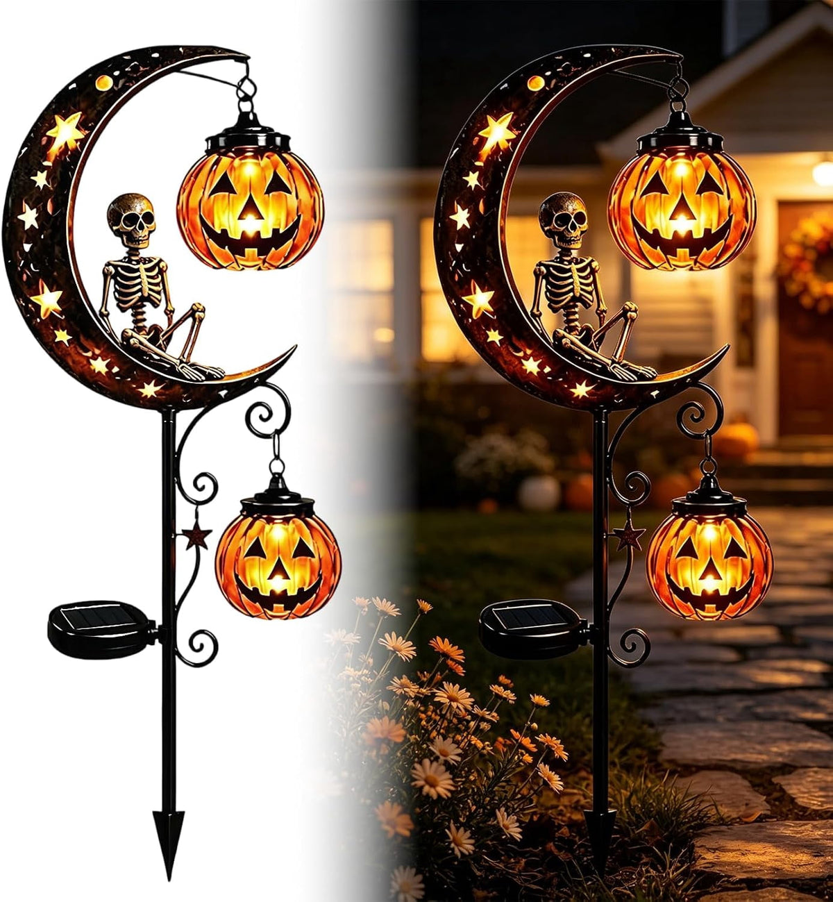 Solar Halloween Black Cat & Pumpkin Moon Garden Stake Light | Waterproof Metal Black Cat Yard Ornament, Auto On Off Solar Outdoor Light, Fall Halloween Decor Stake for Lawn Patio Pathway