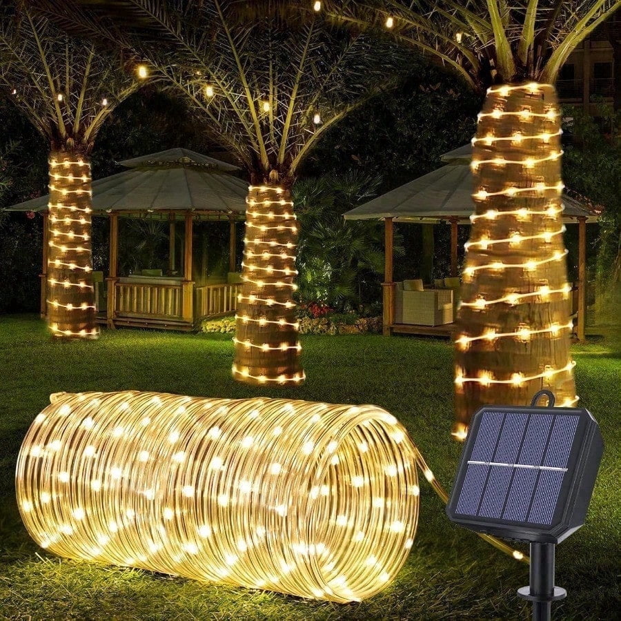Solar Rope Lights Outdoor Waterproof 100LED Tube String Lights with USB Rechargeable Timer 8 Modes Dimmable Twinkle Fairy String Light for Trampoline Yard Pool Party Wedding Christmas