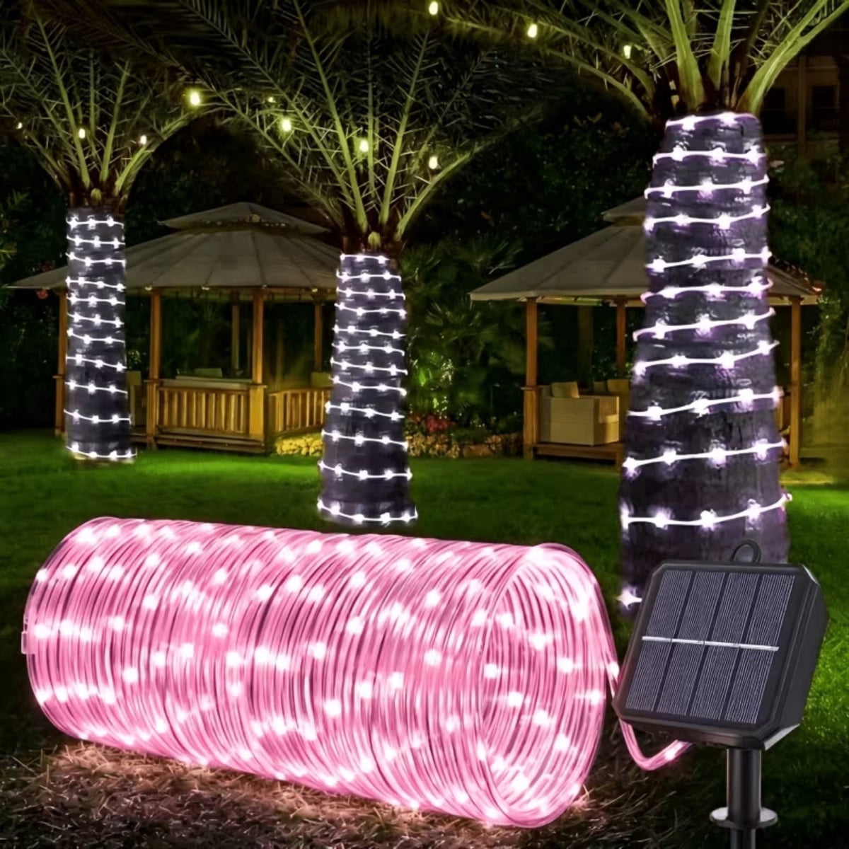 Solar Rope Lights Outdoor Waterproof 100LED Tube String Lights with USB Rechargeable Timer 8 Modes Dimmable Twinkle Fairy String Light for Trampoline Yard Pool Party Wedding Christmas