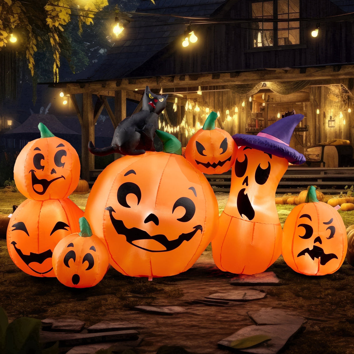 Joyfy 7 ft Halloween Inflatable Long Pumpkin with Witch's Cat Decorations Inflatables with Build-in LEDs,Halloween Decor Outdoor Blow Up Yard Decorations