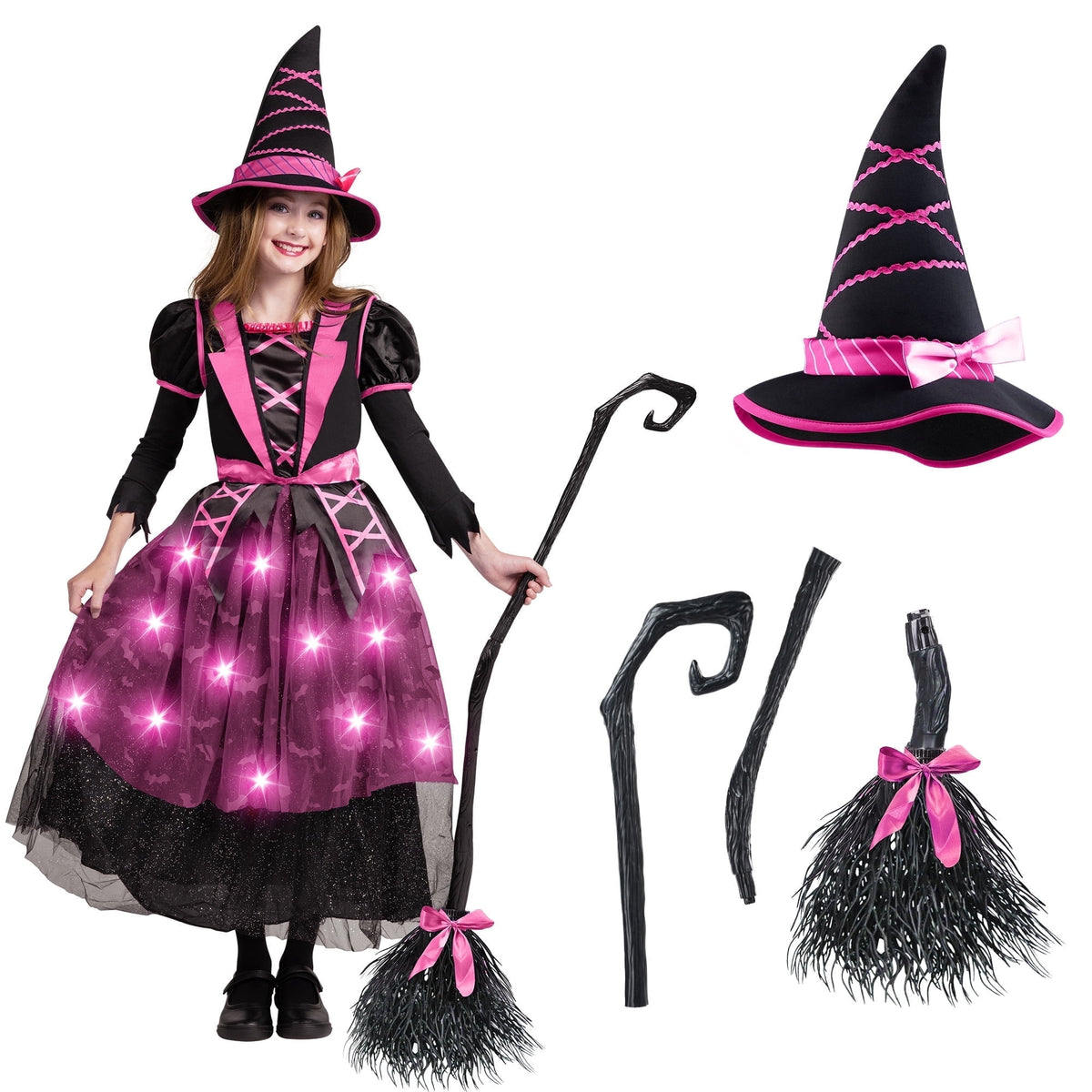 Joyfy Light up Witch Costume for Girls,Starry Witch Dress with Broom Hat for Kids and Toddlers, Perfect for Halloween Party Dress-up Cosplay Age 5-7