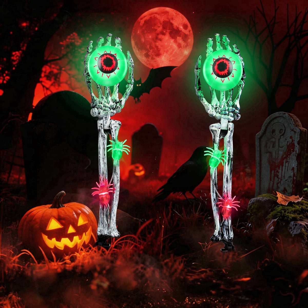 Toodour Halloween Pathway Lights Outdoor, Battery Operated Halloween Skeleton Hands with Light Up Eyeballs & Spiders, Waterproof Halloween Decor for Walkway Garden Yard Lawn, Red