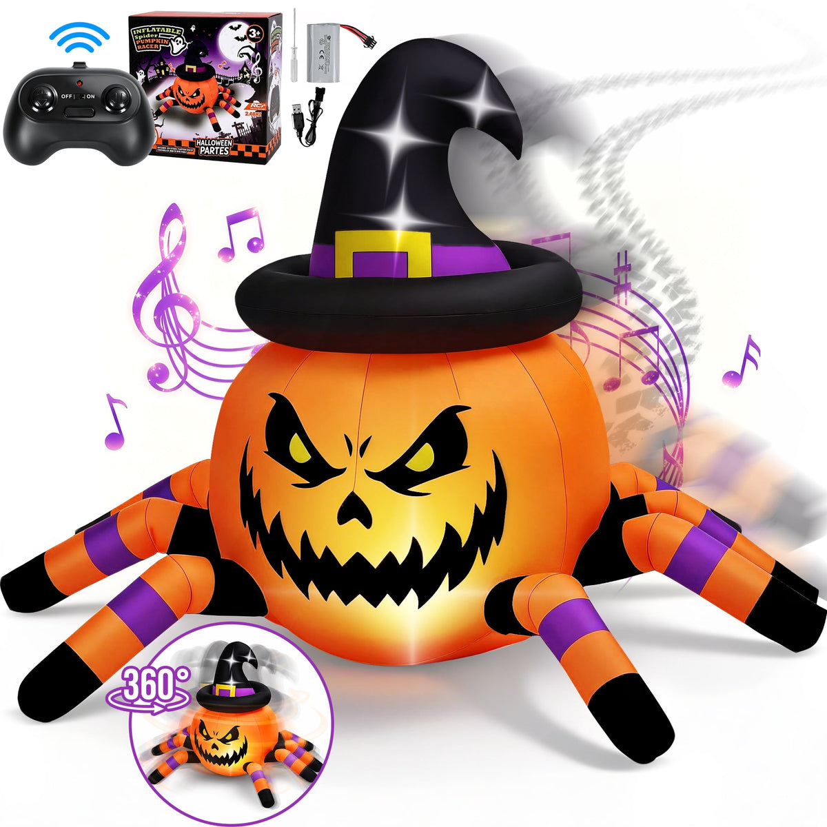 Firstness 2.6ft Halloween Inflatable with Music and Lights,Remote Control Pumpkin Ghost Car,Blow ups Rc Car,Indoor Outdoor,Orange Green