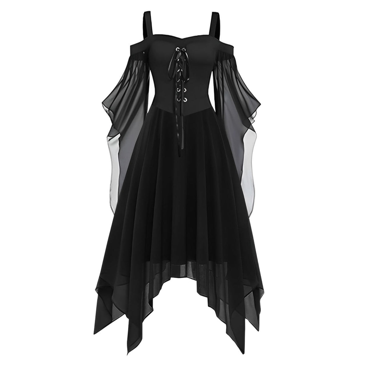 Women Gothic Cold Shoulder Midi Dress, Sheer Flare Bell Sleeve Front Corset Irregular Witch Costume Dress, Adult Halloween Dark Aesthetic Vintage Formal Evening Cosplay Party Outfit(Navy-2/M)