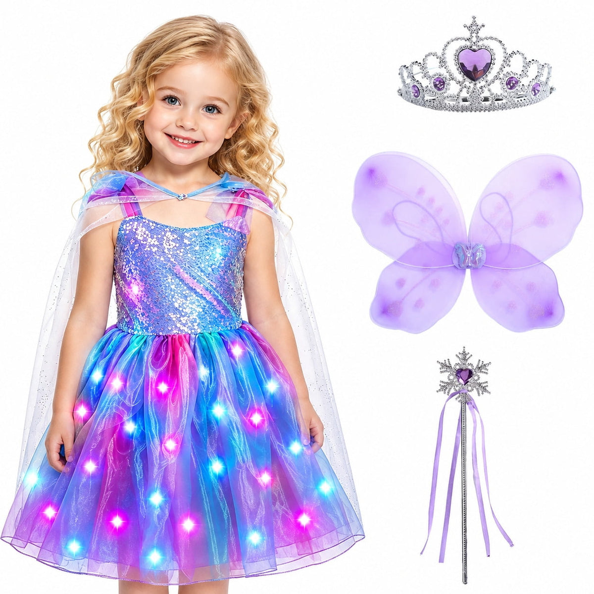 WonderStone Princess Dress for Girls, Fairy Costume Dress-Up with Luxury Accessories, Purple Tutu Outfit for Birthday Parties, Kids & Toddlers Ages 5-6