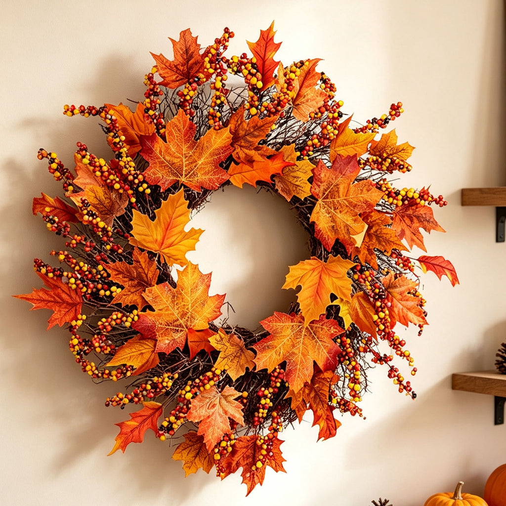 HOARBOEG Autumn Harvest Sunflower Wreath, Artificial Pumpkin Maple Leaf Fall Wreath for Front Door, 21.65 in Thanksgiving Wall Hanging Decor, Outdoor Indoor Harvest Decor