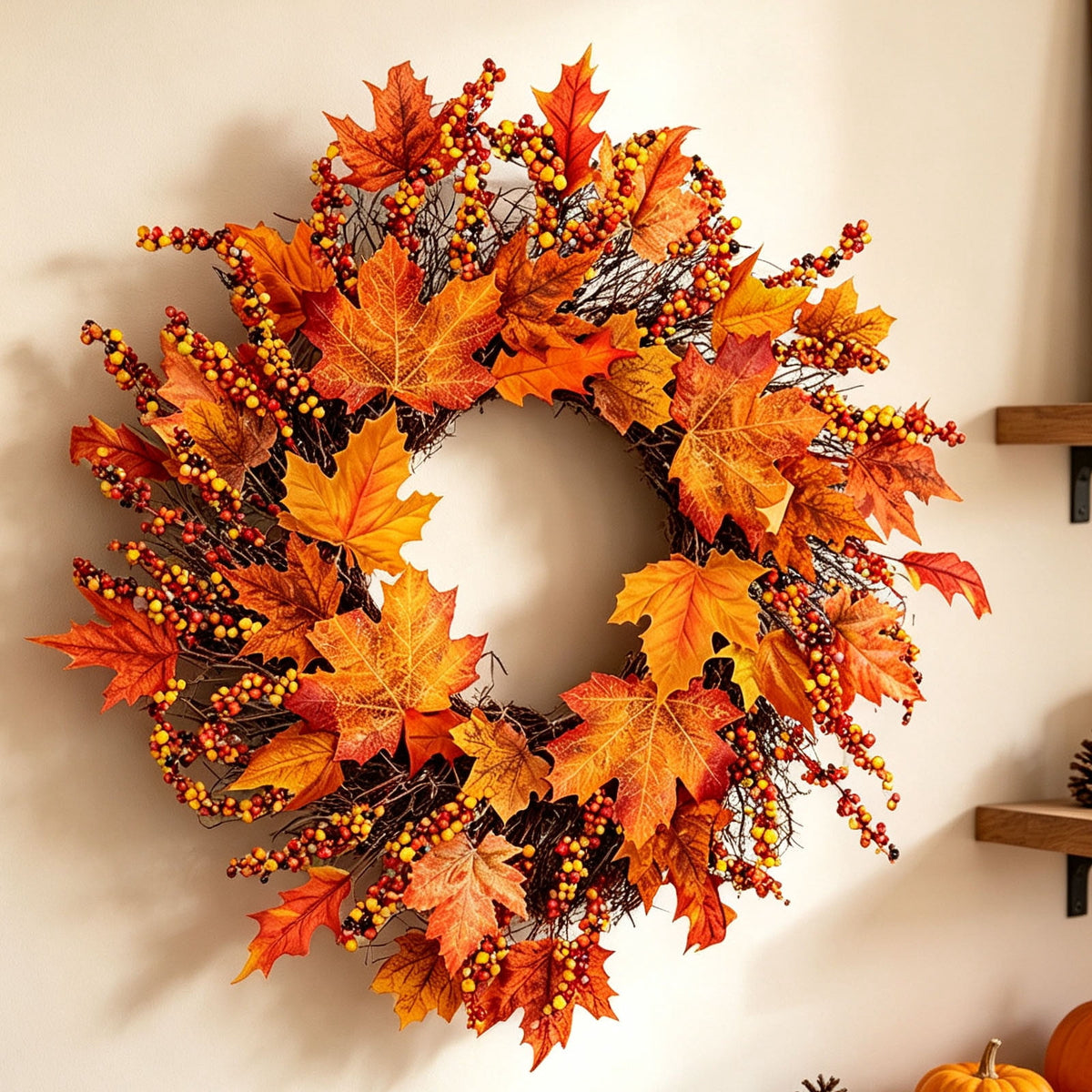 HOARBOEG Autumn Harvest Sunflower Wreath, Artificial Pumpkin Maple Leaf Fall Wreath for Front Door, 21.65 in Thanksgiving Wall Hanging Decor, Outdoor Indoor Harvest Decor