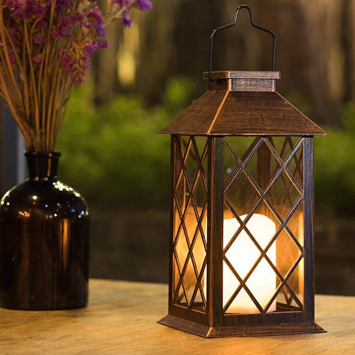 YIMWNYI Outdoor Solar Hanging Lantern with Metal Decor, LED Garden Light for Patio and Yard, Auto On/Off, IP55 Waterproof