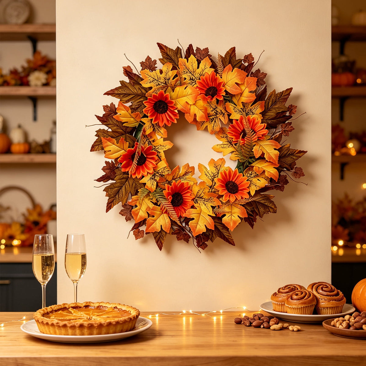 HOARBOEG Autumn Harvest Sunflower Wreath, Artificial Pumpkin Maple Leaf Fall Wreath for Front Door, 21.65 in Thanksgiving Wall Hanging Decor, Outdoor Indoor Harvest Decor