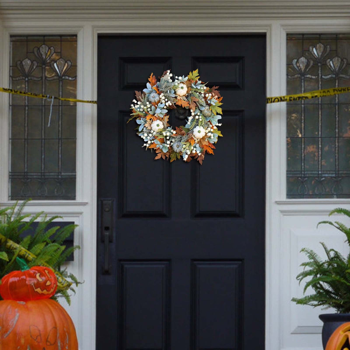 Btomtd Diameter 8" Pumpkin Skull Wreath Halloween Decor Acrylic Round Disk Hanging Ornament with Garland for Front Door Window, B