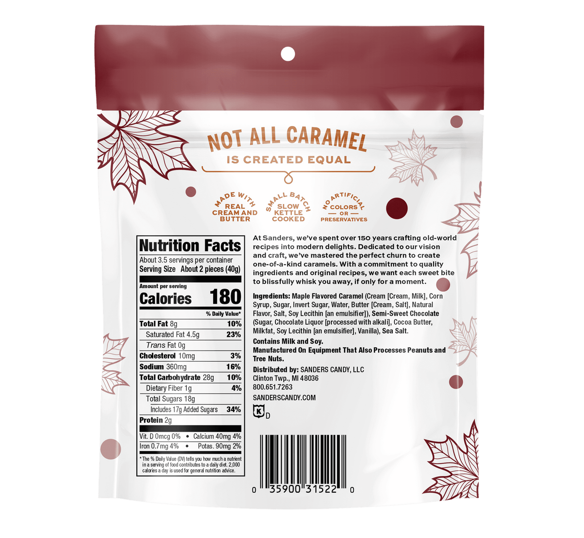 Sanders Dark Chocolate Covered Maple Flavored Sea Salt Caramels, 5 oz Bag