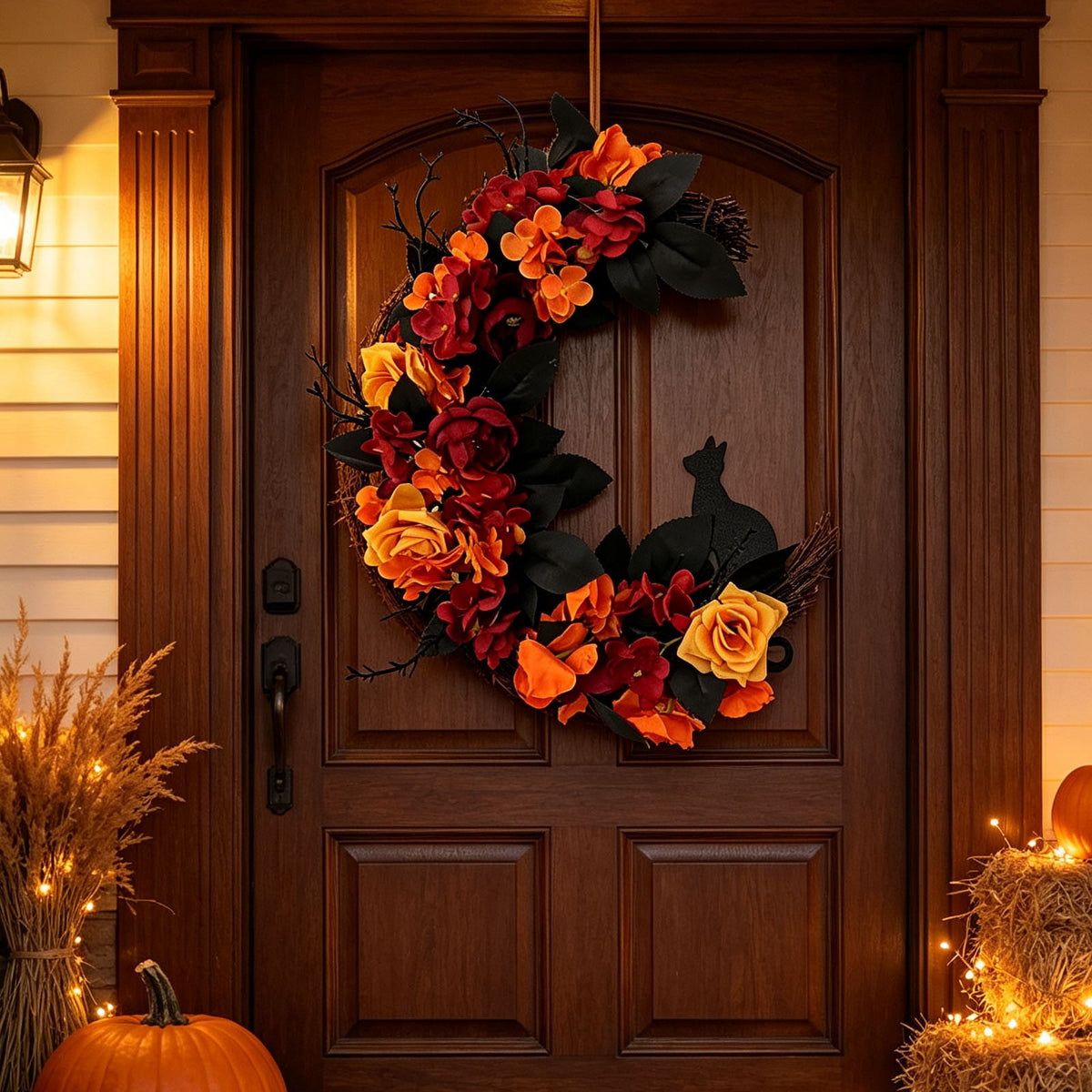 Gcvizuso Halloween Wreath with LED Light String, Purple Rose Black Crow Oval Spooky Twig Wreath for Front Door Window Fireplace Decor