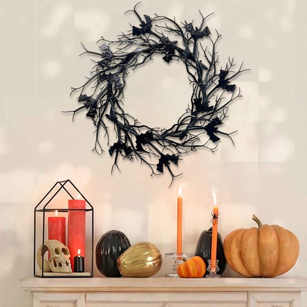 WWC Halloween Wreath, 18 inch Black Bats and Bare Branch Wreath, Gothic Halloween Decor Twig Wreath for Halloween Party Front Door Porch and Fireplace
