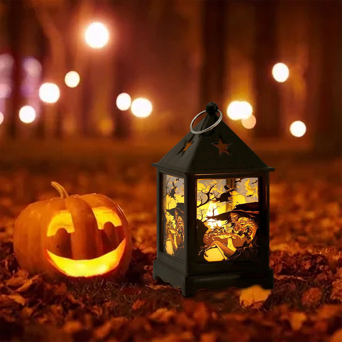 Halloween LED Lanterns with Spooky Skeleton, Owl, Bat, Castle & Flame Designs – Battery Operated Hanging Lights for Indoor/Outdoor Halloween Party Decor (C)