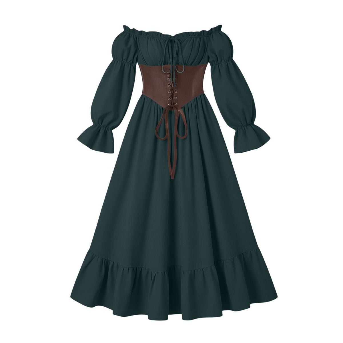 QATAINLAV Renaissance Costume Women Vintage Medieval Dress Cold Shoulder Short Sleeve Peasant Pirate Irish Maxi Dresses, Black, L