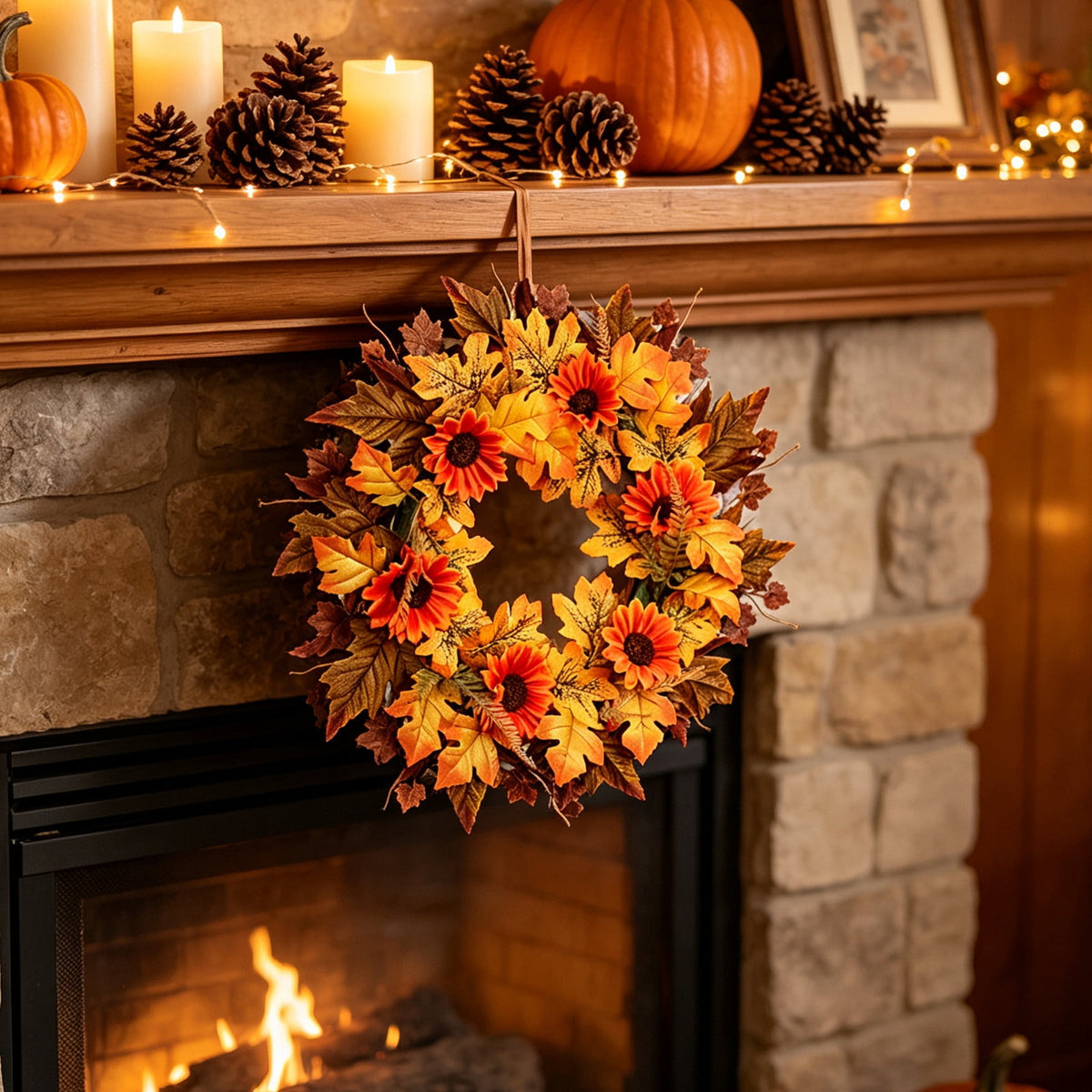 HOARBOEG Handmade Wrought Iron Maple Leaf Wreath, Thanksgiving Rudolph Fall Harvest Door Hanging, Orange Metal Autumn Wreath with Berries, Garden Wall Decor, 15.75 in