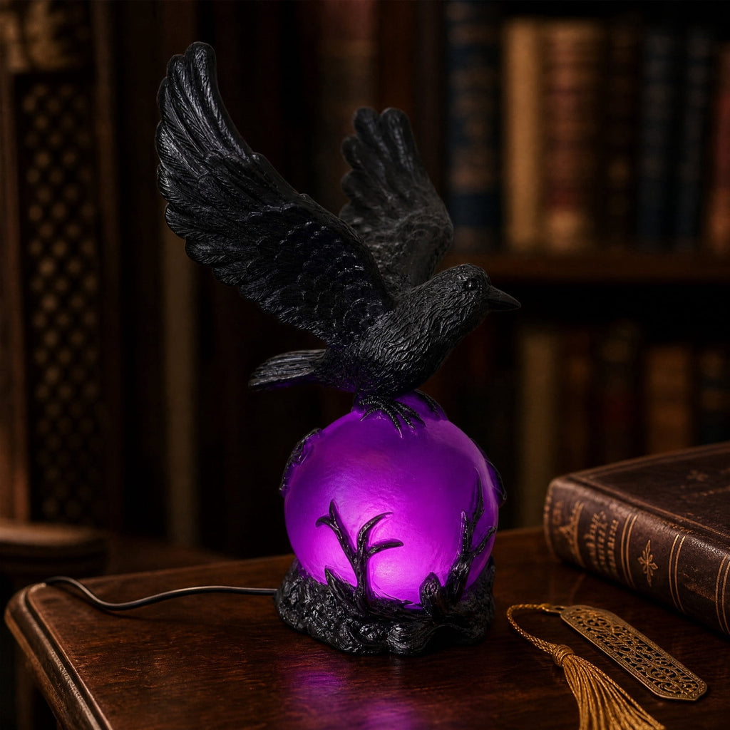 Gothic Mysterious Crow LED Flameless Candle, Luminous Sculpture, Gothic Home Decor Accent, Raven Lamp for Halloween Gifts, Bedroom Bedside, Living Room, Orange