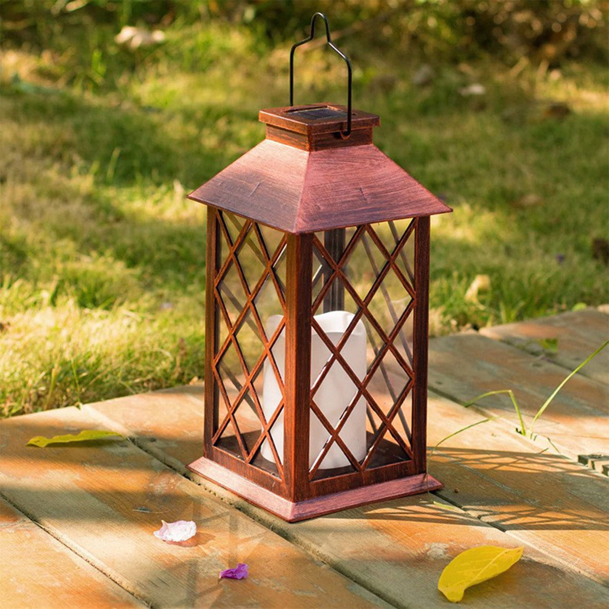 Wadada 13"Glass Solar Lantern Outdoor Waterproof,Hanging Lanterns Solar with Flickering Flameless Candle Mission Lights Decorative for Patio Front Porch Garden Backyard Outside Table(Antique Copper)