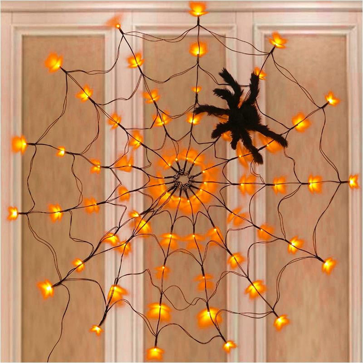 Halloween Decorations Spider Web Lights, 70 LED 8 Modes Battery Operated Waterproof Net Lights with Black Spider, Halloween Indoor Outdoor Orange