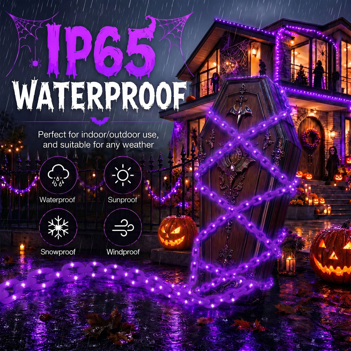 DAYBETTER 10FT Halloween Chain Lights, 8 Modes, Purple Lighted Props Chains, Waterproof for Outdoor Party, Creepy Cosplay, Spooky Ornaments