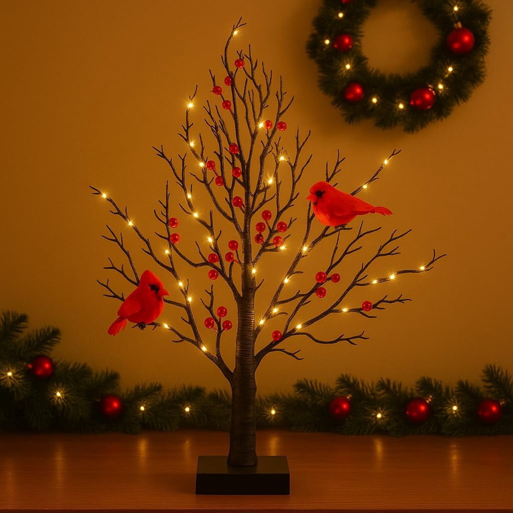 Vintage Glowing Cardinal Tree with Berries, Moving Cardinals Tree with LED Lights, Little Red Bird Trees Light, for Christmas, Halloween Tabletop Indoor Office Decorations