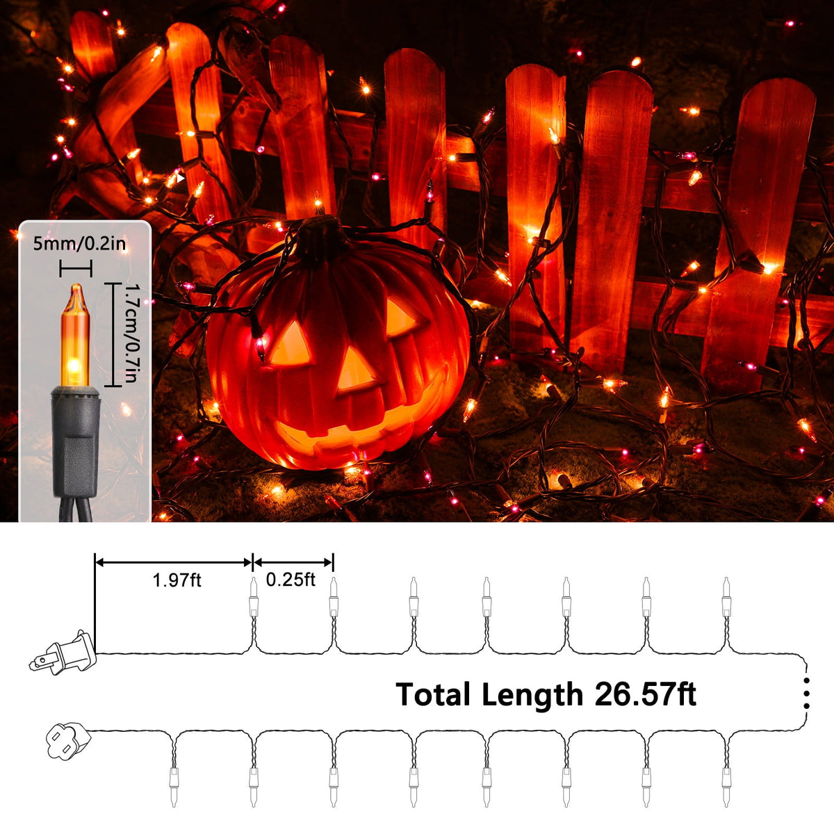 Toodour Orange & Purple Halloween Lights, 25ft 100 Count Incandescent Halloween String Lights, UL Certified Connectable Mini Bulbs Halloween Lights for Indoor, Outdoor, Garden, Porch, Halloween Decor
