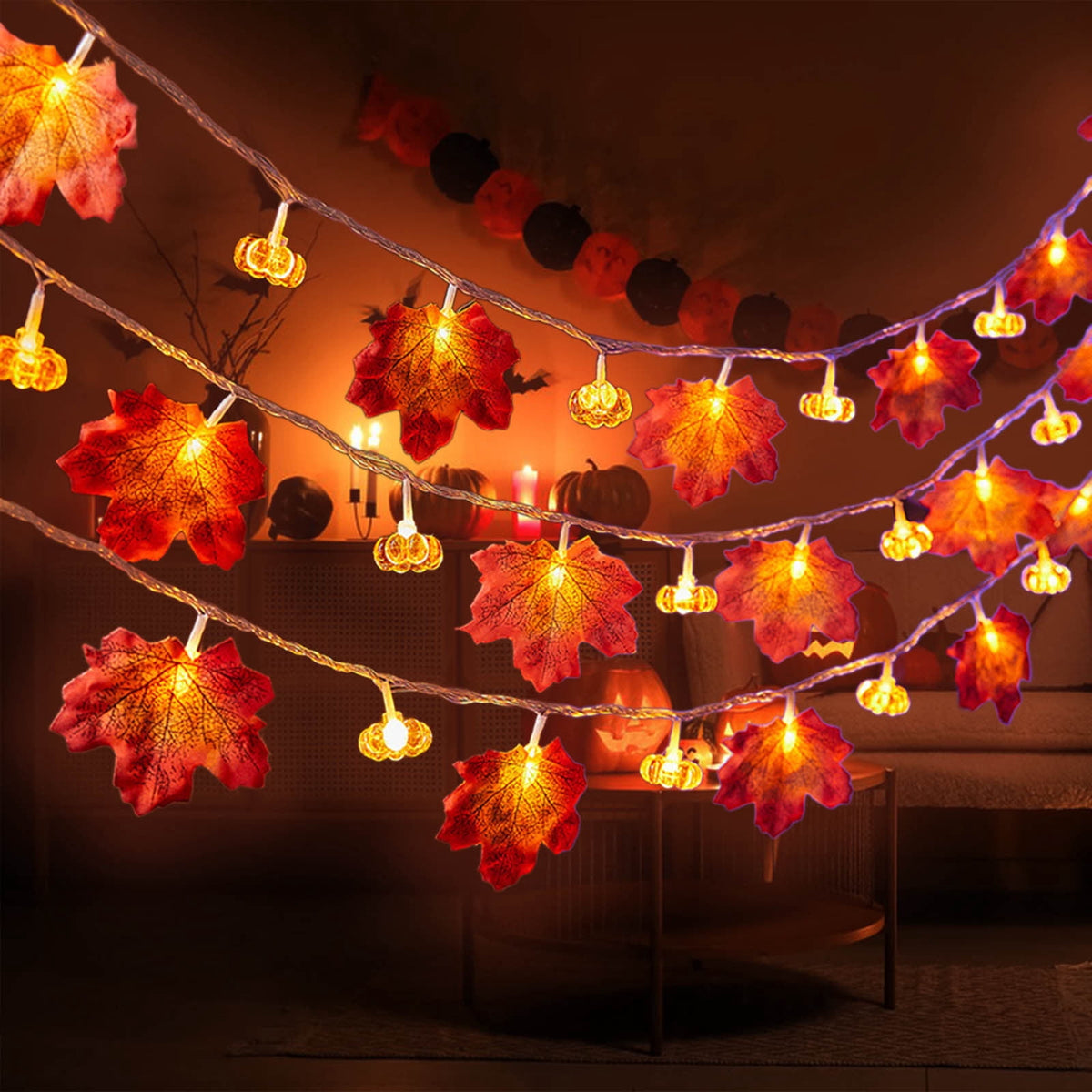 Btomtd 118.11 inch Pumpkin and Maple Leaf Lantern String Light Halloween Thanksgiving Decorative Light for Autumn Festival Porch Pathway or Table Decor, Orange