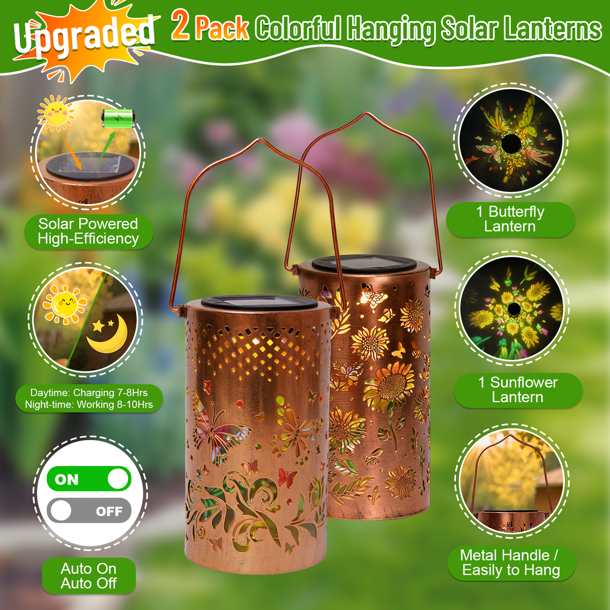 Colorful Solar Lanterns IP65 Outdoor Waterproof, Mother's Day Gifts for Women Mom Grandma - LED Colorful Sunflower Solar Lights Metal Hanging Lantern for Patio Yard Porch