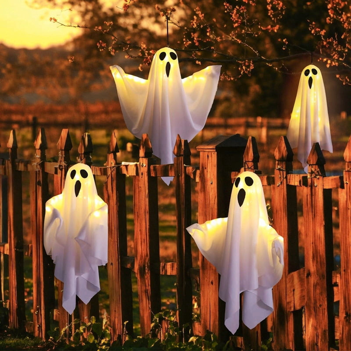 AGCAN Halloween Hanging Ghost Decorations, 2 Pack 19.69" Screaming Ghosts with 3 Lighting Modes for Outdoor Yard Tree Porch Garden Party Holiday Decor