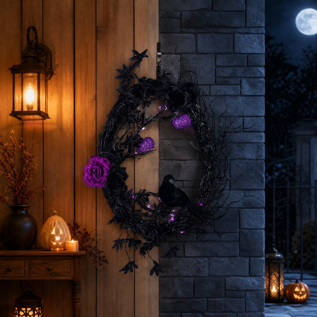 Gcvizuso Halloween Crescent Floral Wreath, Orange Red Rose Hydrangea Fall Front Door Decor for Autumn Harvest Celebration